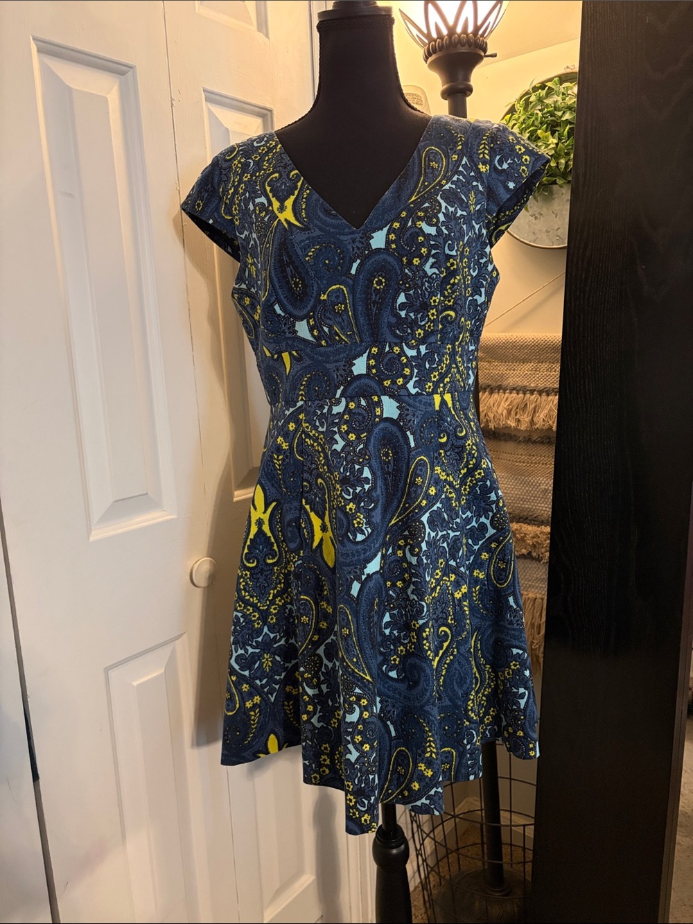 Anthropologie Navy and Yellow Paisley Fit-and-Flare Mini Dress